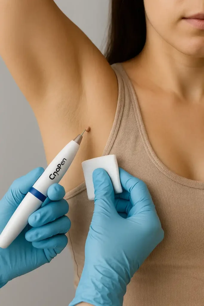 woman having cryopen to remove underarm skin tags St Helens