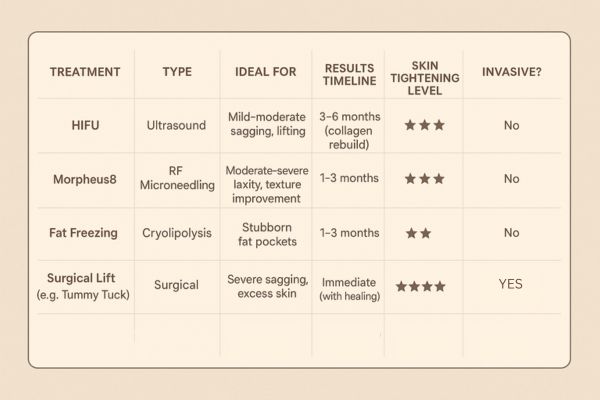 Table showing the comparisons of Skin tightening St Helens treatment options.
